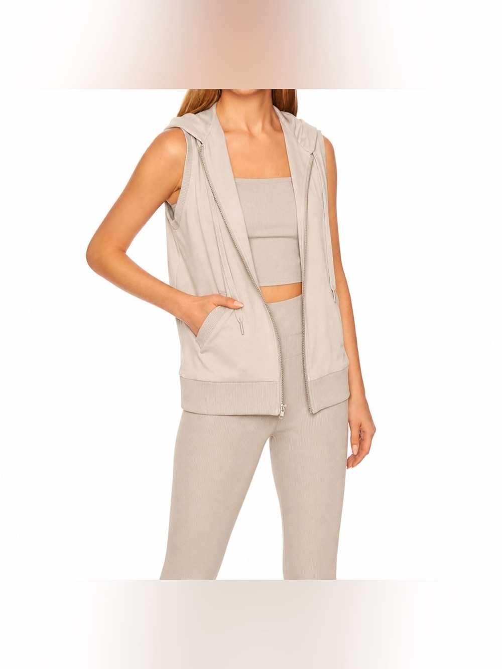 Susana Monaco Hoodie Cream Full Zip Long Tunic Vest Yoga Casual Women’s Sz XL